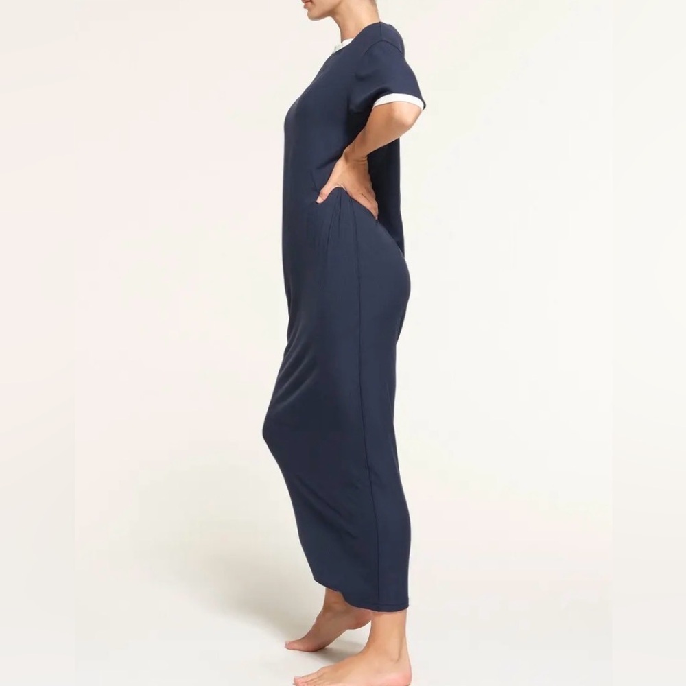 SKIMS Small Soft Lounge Ringer T-Shirt Maxi Dress Navy Blue White Short Sleeve S - Picture 6 of 10